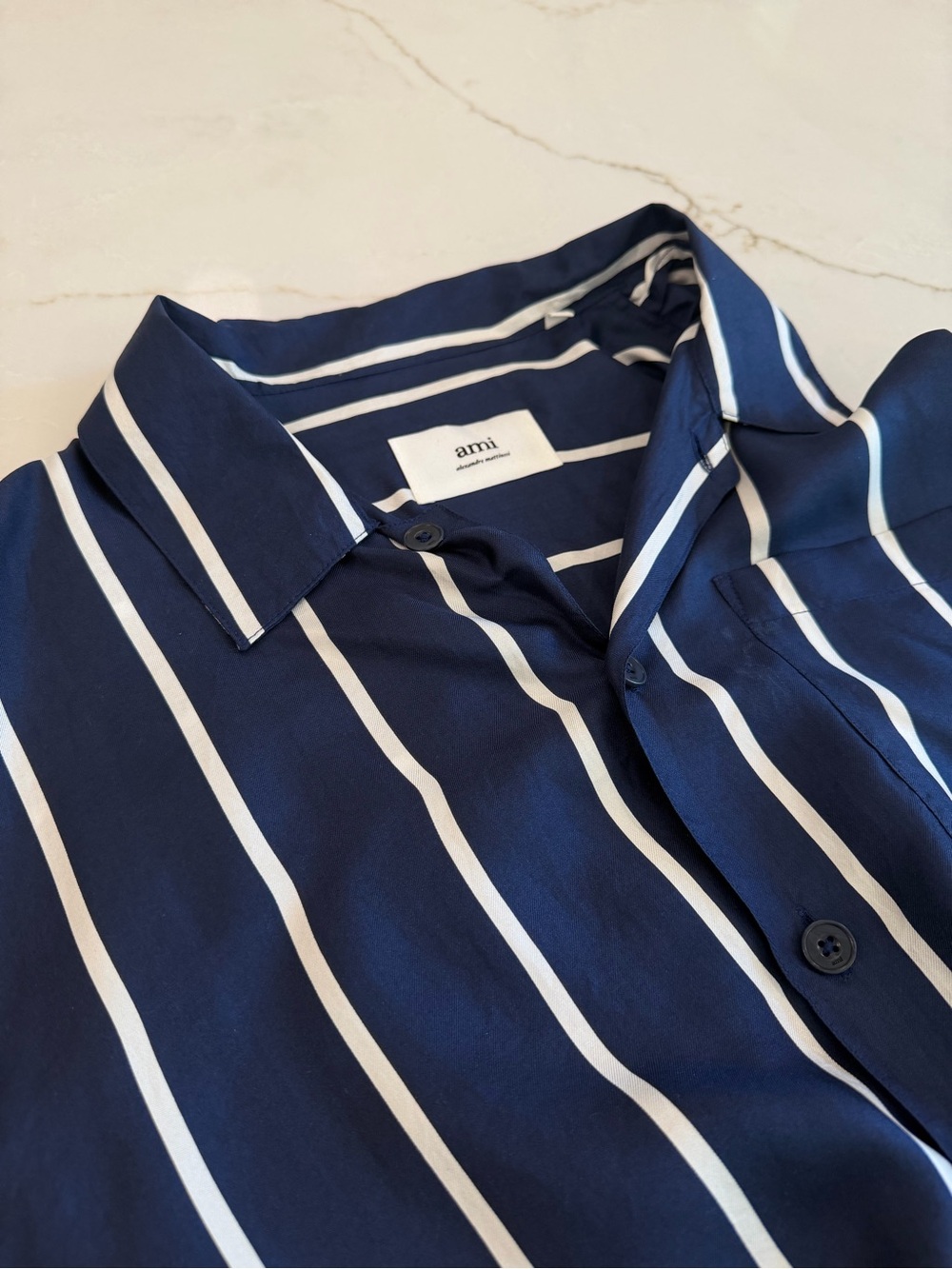 Ami Navy Blue and White Vertical Stripe Button-Down Shirt